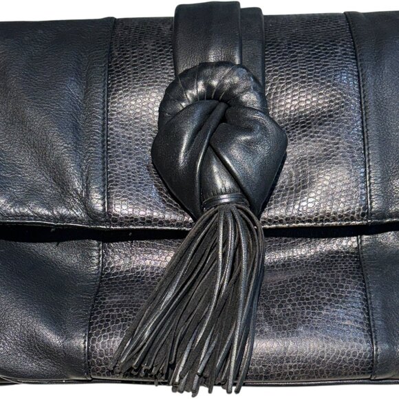 Oversized Black Leather and Croc Embossed Clutch Envelope Bag - Picture 2 of 8